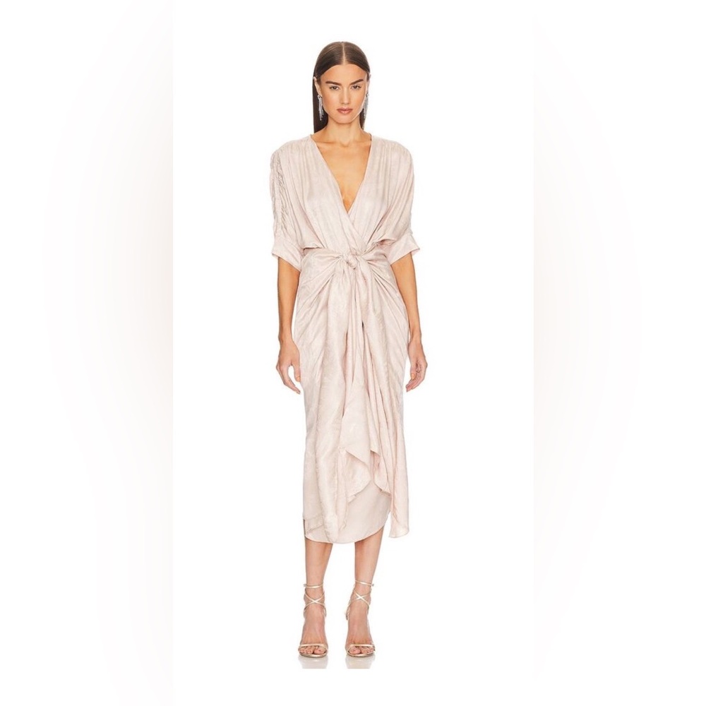 Callahan Sami Midi Dress Blush Cream V neck Wrap Tie Sheen Leaf Print Size XS